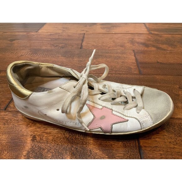 Golden Goose Deluxe Brand White Distressed Leather Pink Star Lace Up, Sz 6.5 US - Picture 1 of 10